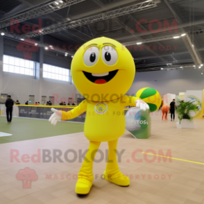Lemon Yellow Handball Ball mascot costume character dressed with a Polo Shirt and Wraps