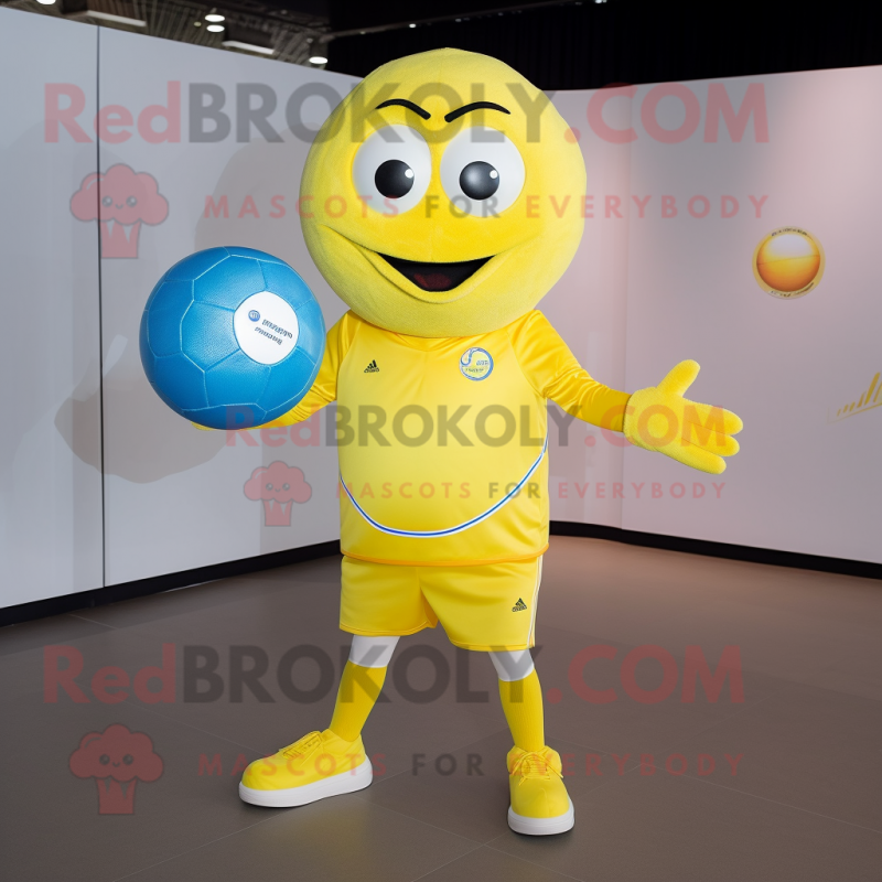 Lemon Yellow Handball Ball mascot costume character dressed with a Polo Shirt and Wraps Lemon Yellow Handball Ball mascot costume character dressed with a Polo Shirt and Wraps
