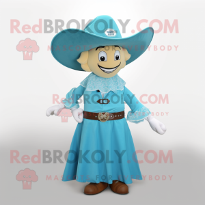 Cyan Cowboy mascot costume character dressed with a A-Line Skirt and Caps