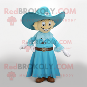 Cyan Cowboy mascot costume character dressed with a A-Line Skirt and Caps