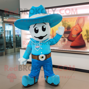 Cyan Cowboy mascot costume character dressed with a A-Line Skirt and Caps