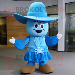 Cyan Cowboy mascot costume character dressed with a A-Line Skirt and Caps