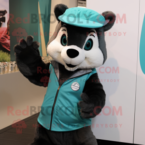 Turquoise Skunk mascot costume character dressed with a Vest and Beanies