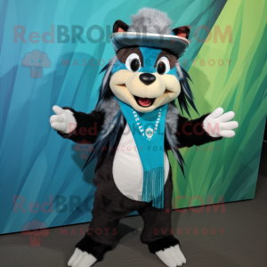 Turquoise Skunk mascot costume character dressed with a Vest and Beanies