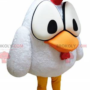 Mascota de gallo blanco con ojos grandes y una cresta roja -