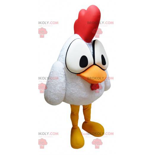 White rooster mascot with big eyes and a red crest -