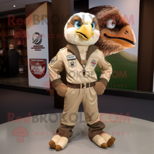 Beige Hawk mascot costume character dressed with a Bomber Jacket and Anklets