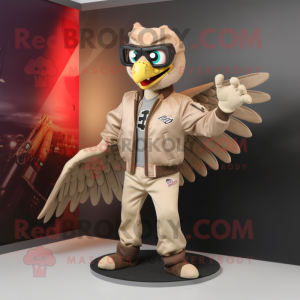 Beige Hawk mascot costume character dressed with a Bomber Jacket and Anklets