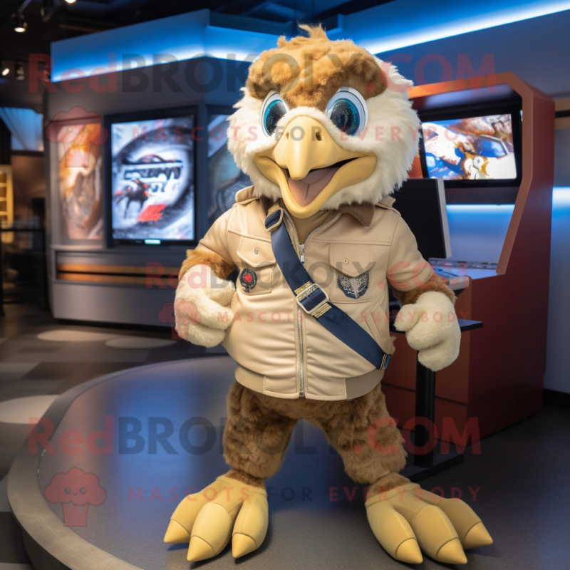 Beige Hawk mascot costume character dressed with a Bomber Jacket and Anklets