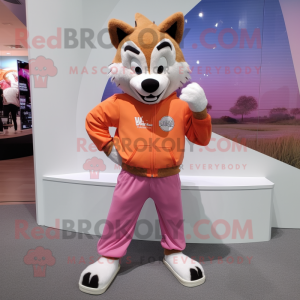 Peach Wolf mascot costume character dressed with a Sweatshirt and Shoe laces