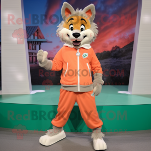 Peach Wolf mascot costume character dressed with a Sweatshirt and Shoe laces
