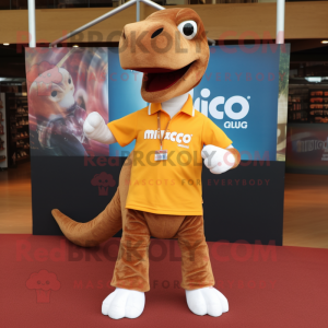 Rust Diplodocus mascot costume character dressed with a Polo Shirt and Bracelet watches