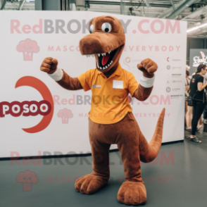 Rust Diplodocus mascot costume character dressed with a Polo Shirt and Bracelet watches