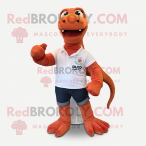 Rust Diplodocus mascot costume character dressed with a Polo Shirt and Bracelet watches