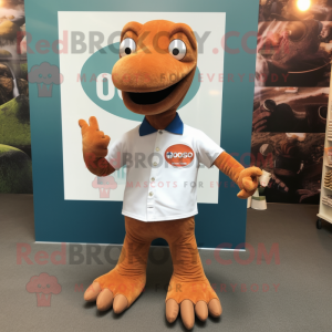 Rust Diplodocus mascot costume character dressed with a Polo Shirt and Bracelet watches