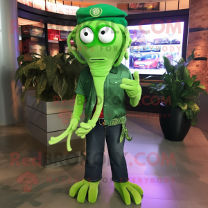 Green Medusa mascot costume character dressed with a Jeggings and Caps