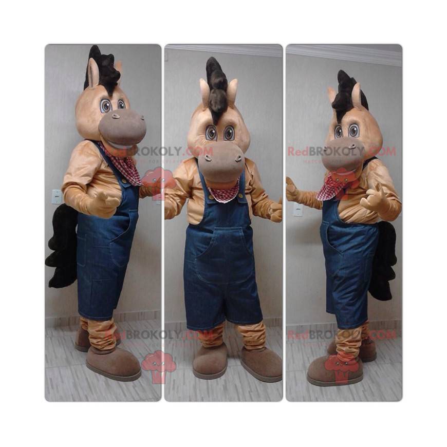 Hnědý kůň hříbě maskot oblečený v montérkách - Redbrokoly.com Hnědý kůň hříbě maskot oblečený v montérkách - Redbrokoly.com