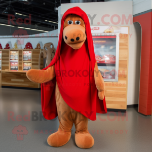 Red Hot Dogs mascot costume character dressed with a Hoodie and Shawl pins