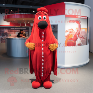 Red Hot Dogs mascot costume character dressed with a Hoodie and Shawl pins
