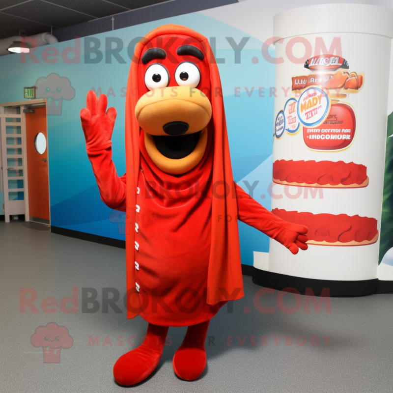 Red Hot Dogs mascot costume character dressed with a Hoodie and Shawl pins Red Hot Dogs mascot costume character dressed with a Hoodie and Shawl pins