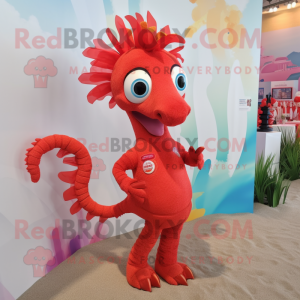 Red Seahorse mascot costume character dressed with a Romper and Hair clips