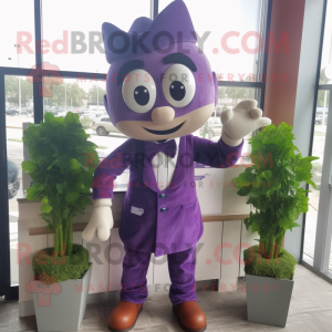 Purple Spinach mascot costume character dressed with a Overalls and Bow ties