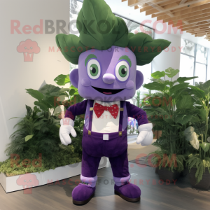 Purple Spinach mascot costume character dressed with a Overalls and Bow ties