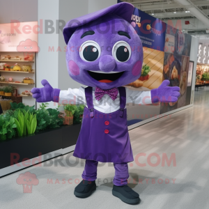 Purple Spinach mascot costume character dressed with a Overalls and Bow ties
