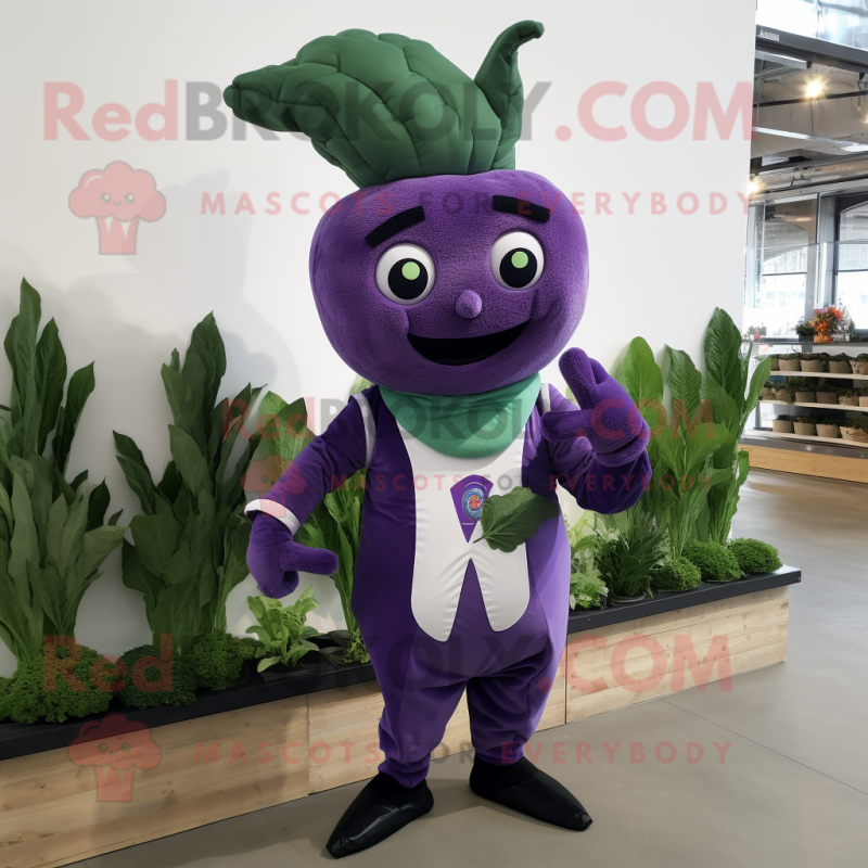 Purple Spinach mascot costume character dressed with a Overalls and Bow ties