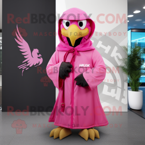 Pink Hawk mascot costume character dressed with a Raincoat and Scarves