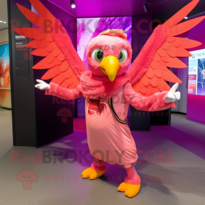 Pink Hawk mascot costume character dressed with a Raincoat and Scarves