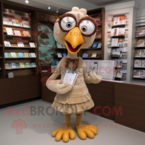 Tan Turkey mascot costume character dressed with a Midi Dress and Reading glasses