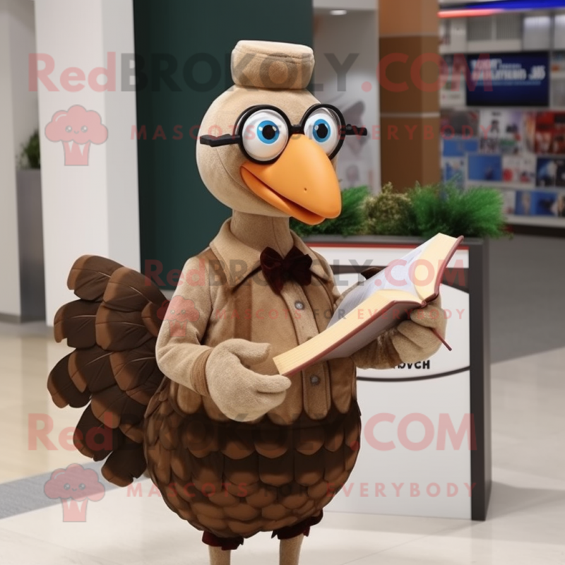 Tan Turkey mascot costume character dressed with a Midi Dress and Reading glasses