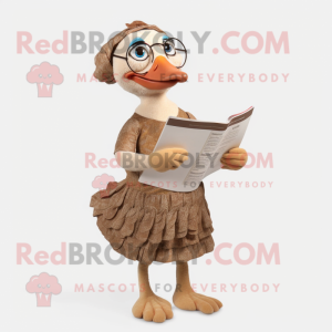 Tan Turkey mascot costume character dressed with a Midi Dress and Reading glasses