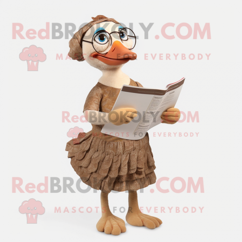 Tan Turkey mascot costume character dressed with a Midi Dress and Reading glasses Tan Turkey mascot costume character dressed with a Midi Dress and Reading glasses