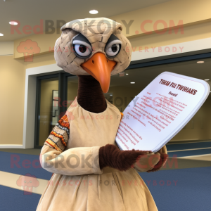 Tan Turkey mascot costume character dressed with a Midi Dress and Reading glasses