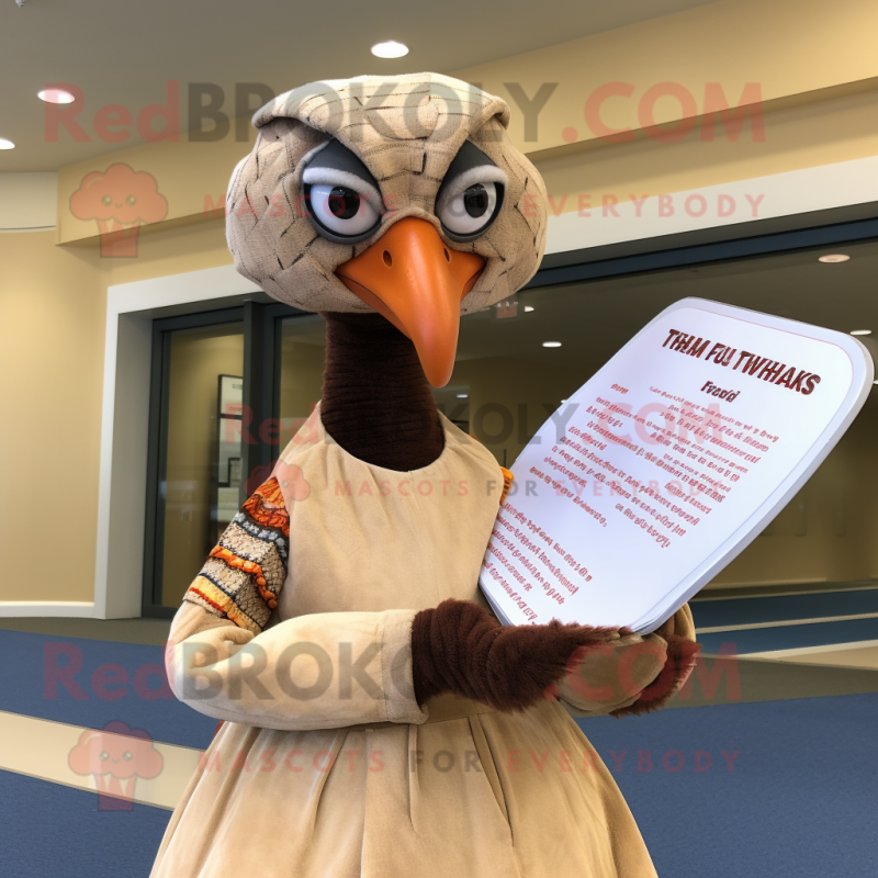 Tan Turkey mascot costume character dressed with a Midi Dress and Reading glasses