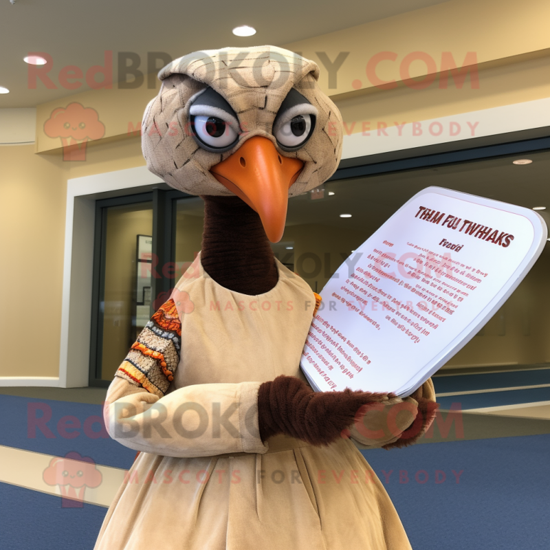 Tan Turkey mascot costume character dressed with a Midi Dress and Reading glasses Tan Turkey mascot costume character dressed with a Midi Dress and Reading glasses