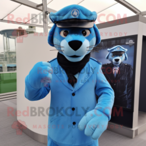 Sky Blue Panther mascot costume character dressed with a Suit and Berets