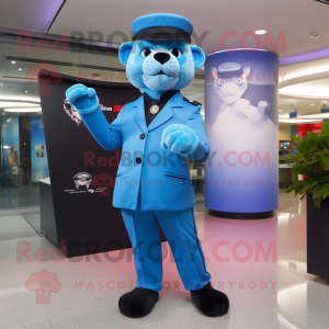 Sky Blue Panther mascot costume character dressed with a Suit and Berets