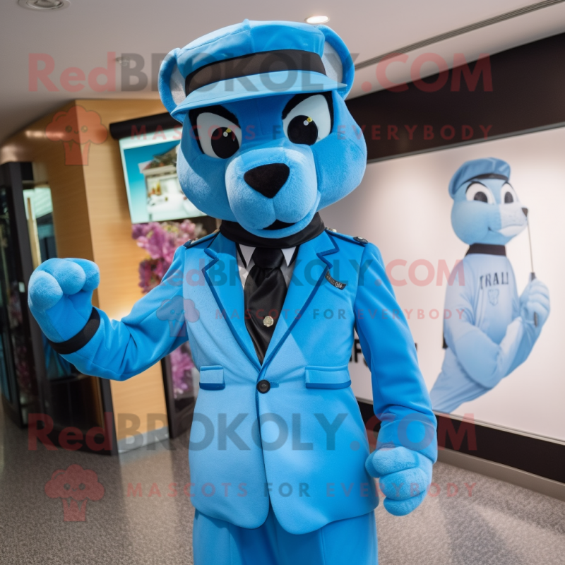 Sky Blue Panther mascot costume character dressed with a Suit and Berets