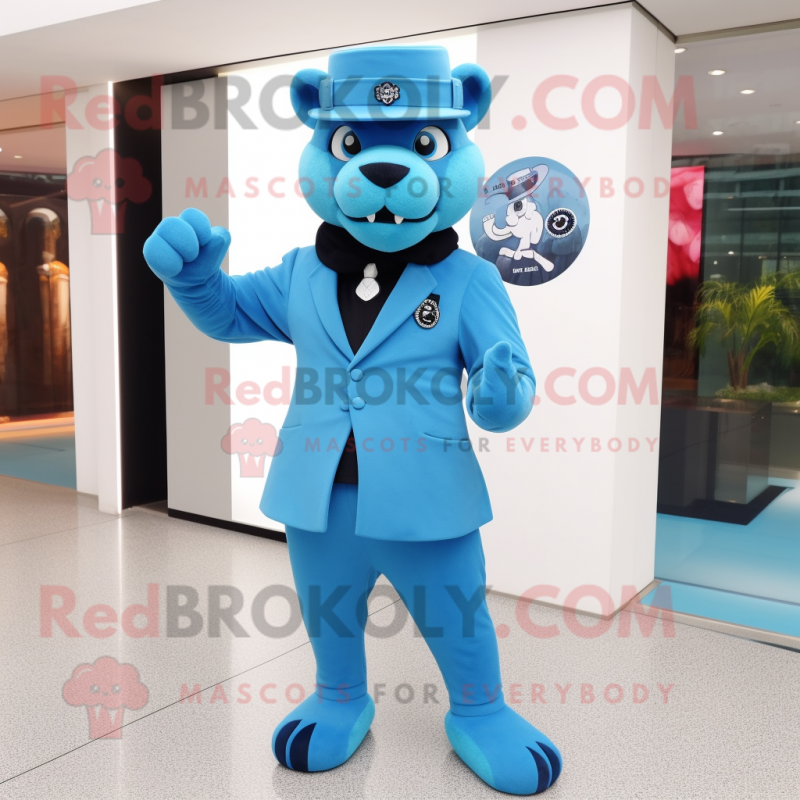 Sky Blue Panther mascot costume character dressed with a Suit and Berets Sky Blue Panther mascot costume character dressed with a Suit and Berets