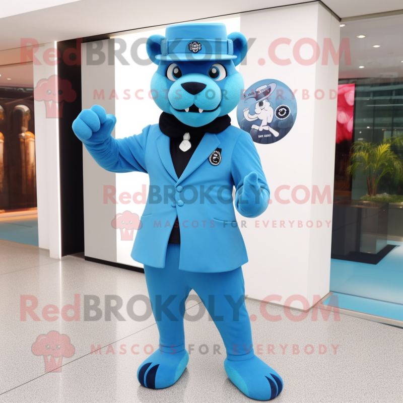 Sky Blue Panther mascot costume character dressed with a Suit and Berets