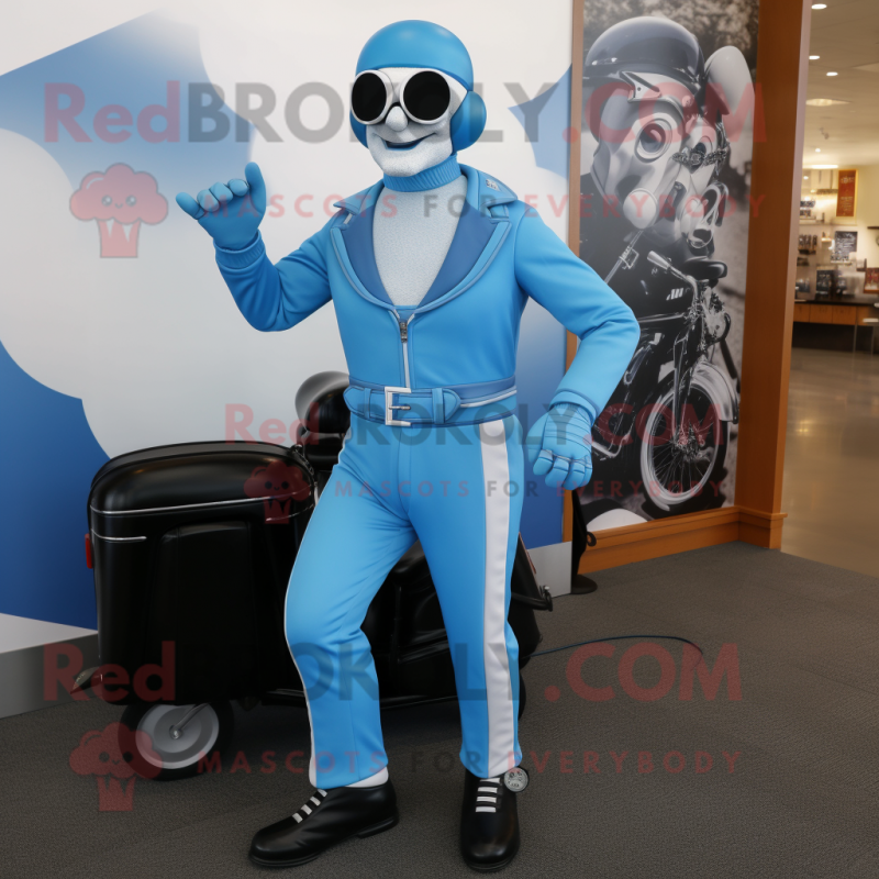 Sky Blue Mime mascot costume character dressed with a Moto Jacket and Briefcases