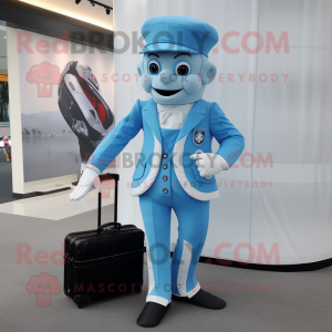 Sky Blue Mime mascot costume character dressed with a Moto Jacket and Briefcases