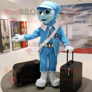 Sky Blue Mime mascot costume character dressed with a Moto Jacket and Briefcases