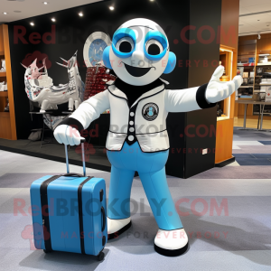 Sky Blue Mime mascot costume character dressed with a Moto Jacket and Briefcases