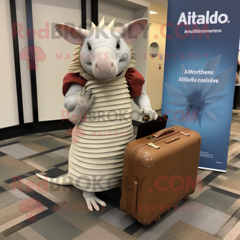 White Armadillo mascot costume character dressed with a Maxi Dress and Briefcases