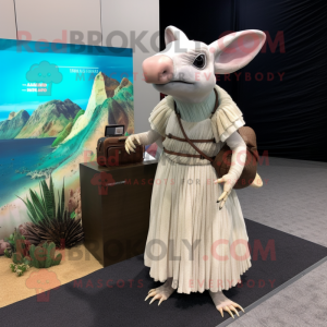 White Armadillo mascot costume character dressed with a Maxi Dress and Briefcases