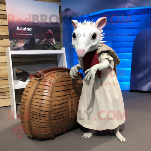 White Armadillo mascot costume character dressed with a Maxi Dress and Briefcases